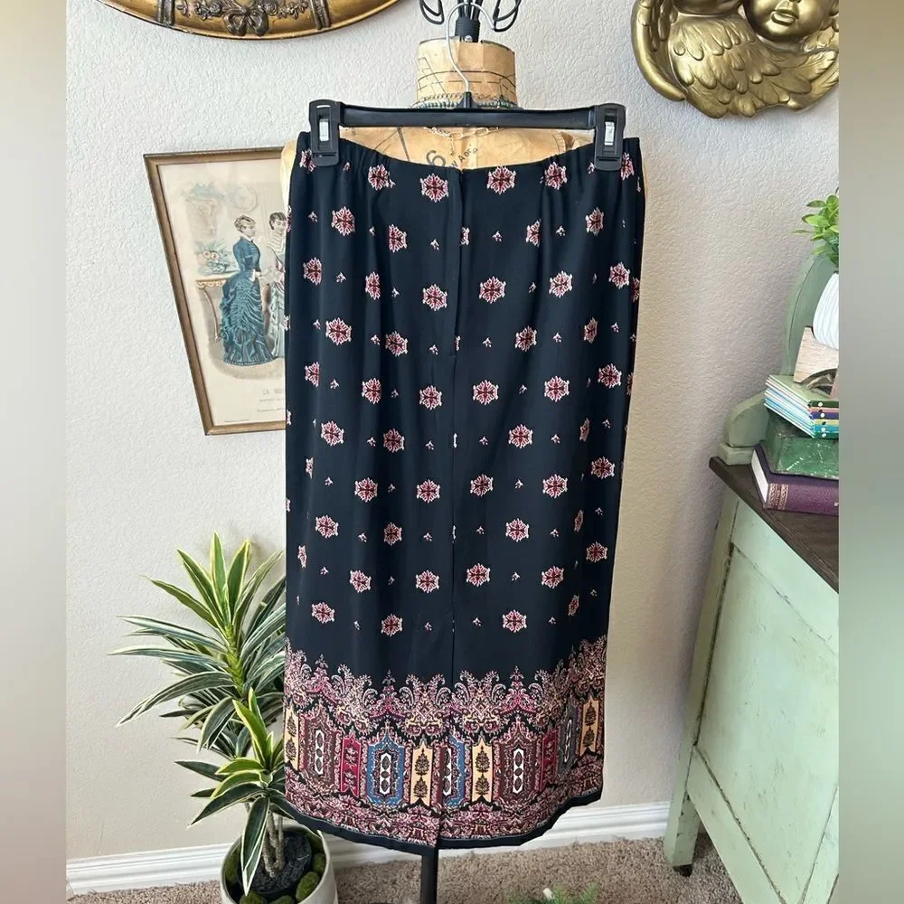 I.N. Studio 90s Y2k Midi Maxi Black Colorful Boho Moroccan Skirt sz Petite M